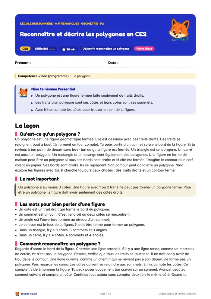 Aperçu de la fiche « Reconnaître et décrire les polygones en CE2 » en PDF