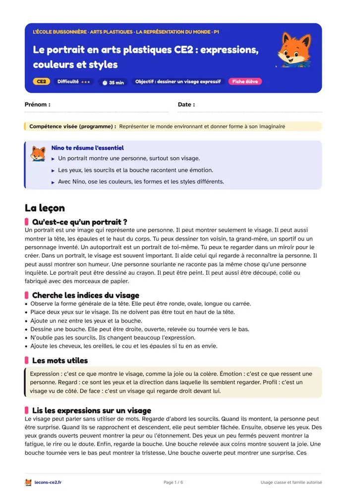 Aperçu de la fiche « Le portrait en arts plastiques CE2 : expressions, couleurs et styles » en PDF
