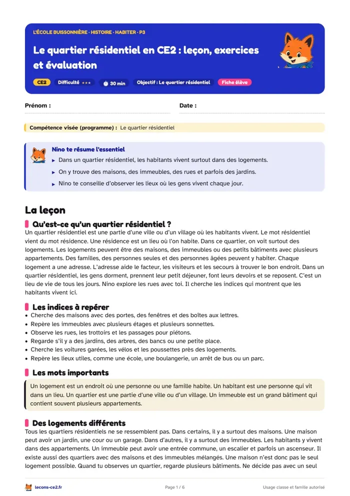 Aperçu de la fiche « Le quartier résidentiel en CE2 : leçon, exercices et évaluation » en PDF