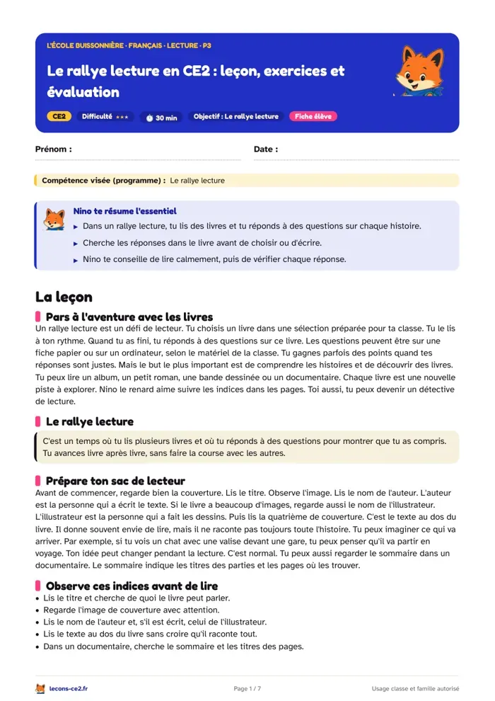 Aperçu de la fiche « Le rallye lecture en CE2 : leçon, exercices et évaluation » en PDF