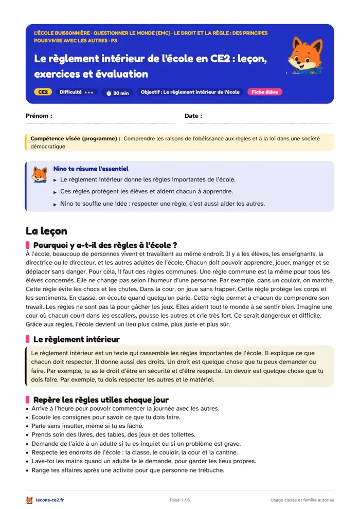 Aperçu de la fiche « Le règlement intérieur de l'école en CE2 : leçon, exercices et évaluation » en PDF