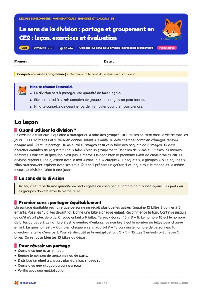 Aperçu de la fiche « Le sens de la division, partage et groupement en CE2 : leçon, exercices et évaluation » en PDF