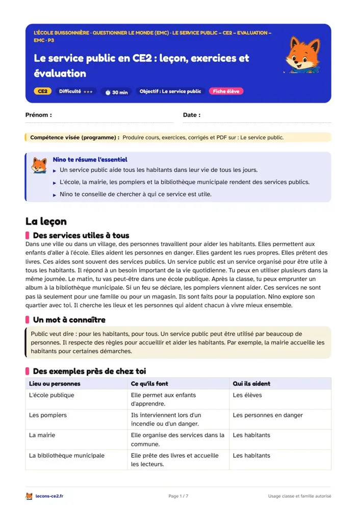 Aperçu de la fiche « Le service public en CE2 : leçon, exercices et évaluation » en PDF