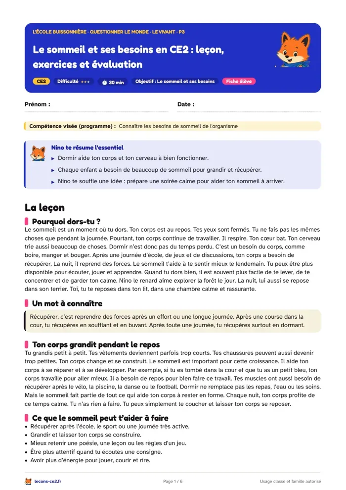 Aperçu de la fiche « Le sommeil et ses besoins en CE2 : leçon, exercices et évaluation » en PDF