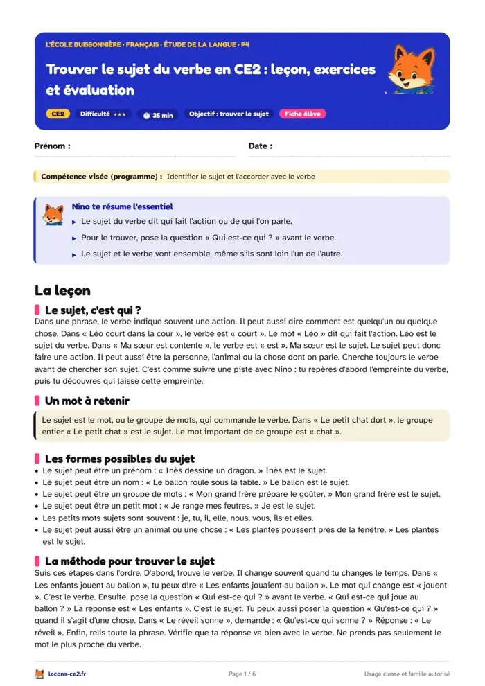Aperçu de la fiche « Trouver le sujet du verbe en CE2 : leçon, exercices et évaluation » en PDF