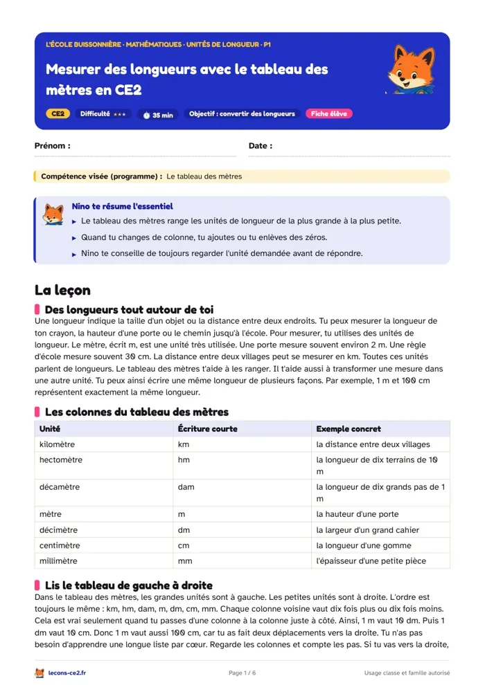 Aperçu de la fiche « Mesurer des longueurs avec le tableau des mètres en CE2 » en PDF