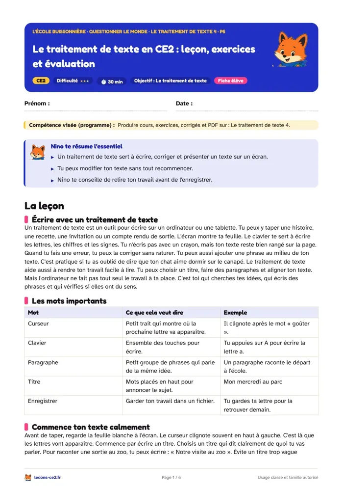 Aperçu de la fiche « Le traitement de texte en CE2 : leçon, exercices et évaluation » en PDF