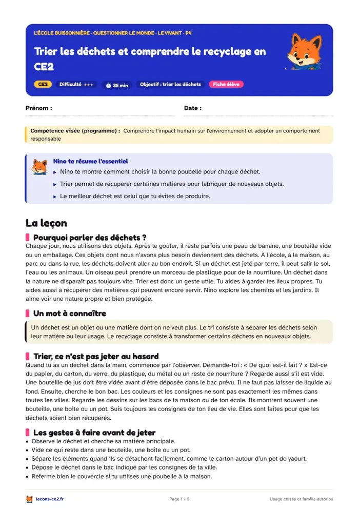 Aperçu de la fiche « Trier les déchets et comprendre le recyclage en CE2 » en PDF