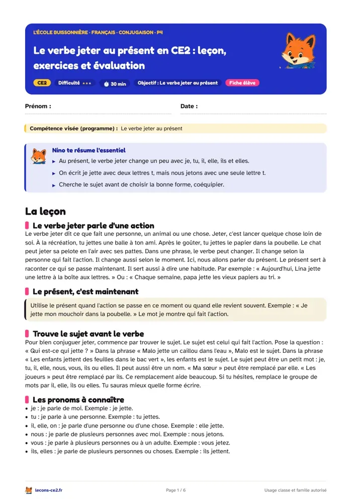 Aperçu de la fiche « Le verbe jeter au présent en CE2 : leçon, exercices et évaluation » en PDF