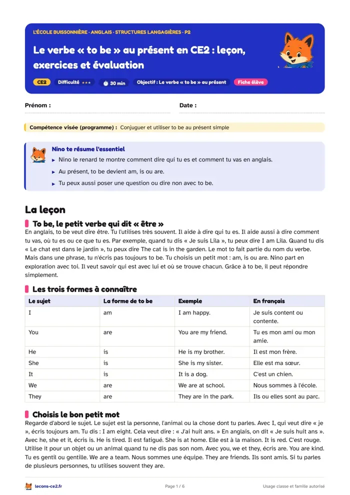 Aperçu de la fiche « Le verbe « to be » au présent en CE2 : leçon, exercices et évaluation » en PDF