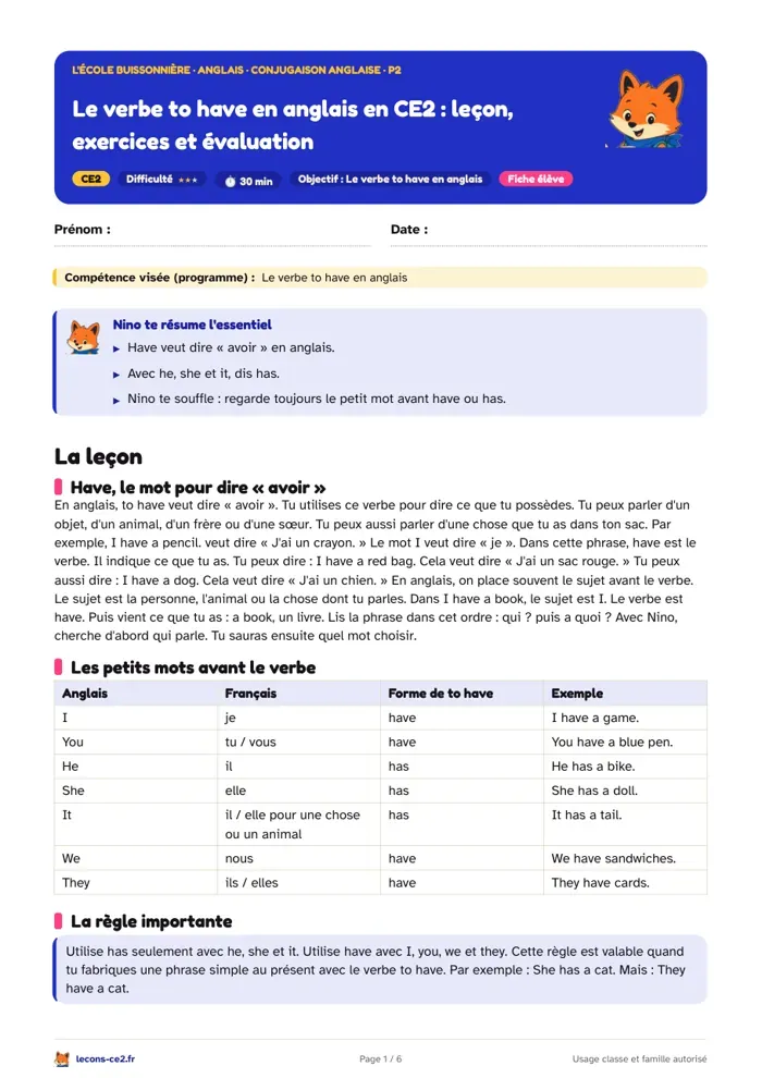 Aperçu de la fiche « Le verbe to have en anglais en CE2 : leçon, exercices et évaluation » en PDF