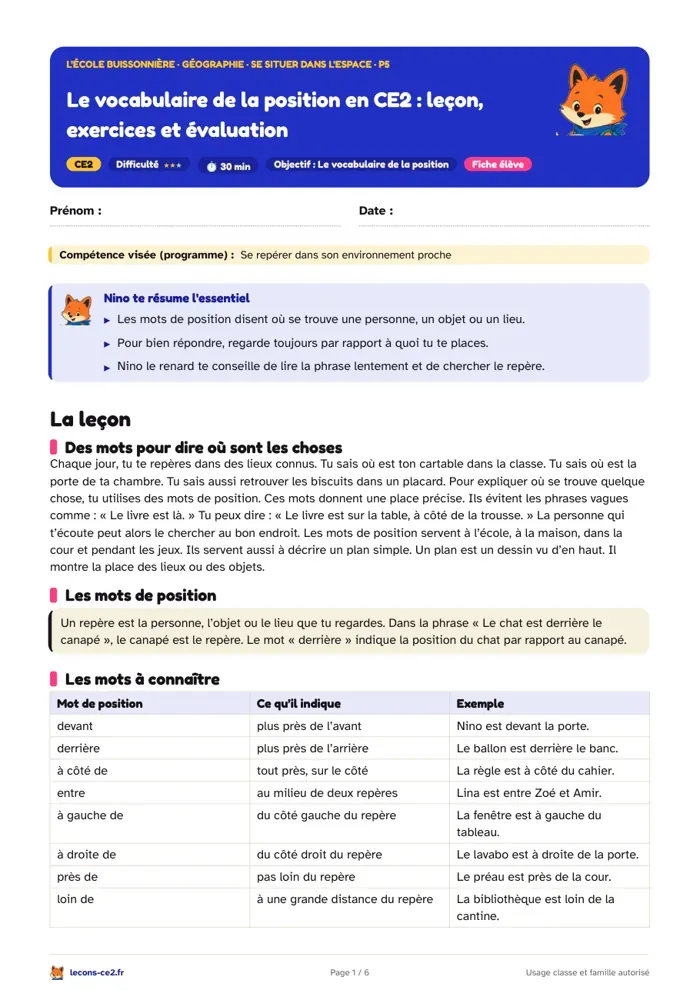 Aperçu de la fiche « Le vocabulaire de la position en CE2 : leçon, exercices et évaluation » en PDF