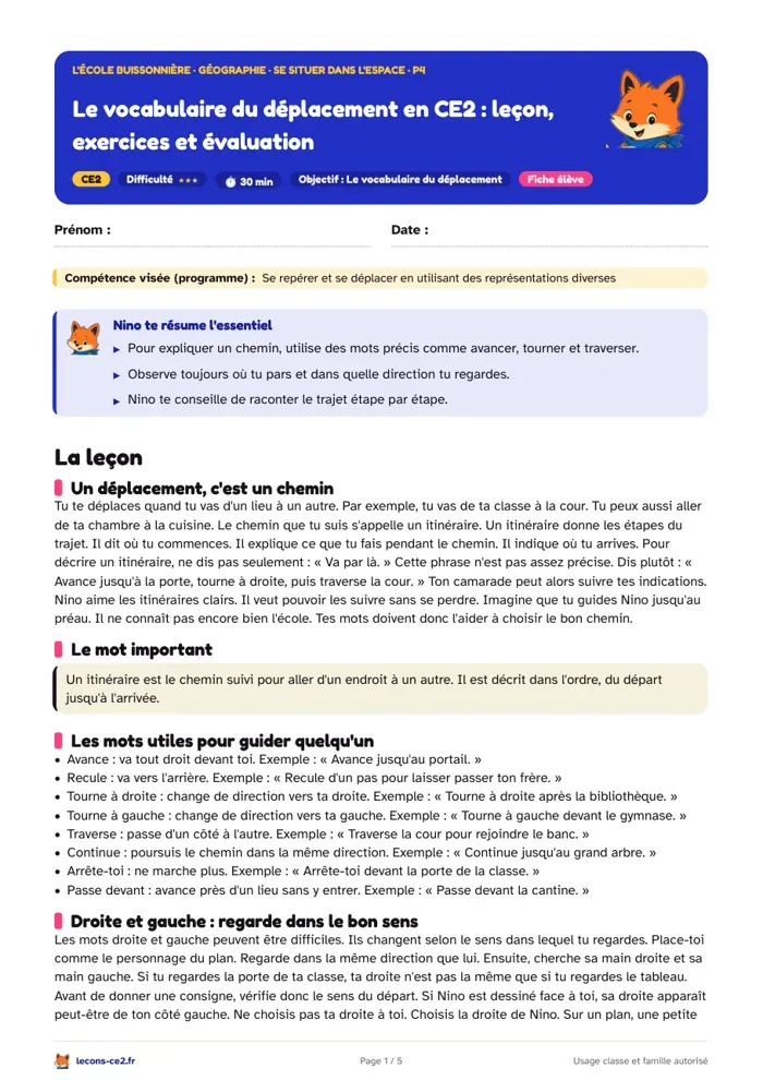Aperçu de la fiche « Le vocabulaire du déplacement en CE2 : leçon, exercices et évaluation » en PDF