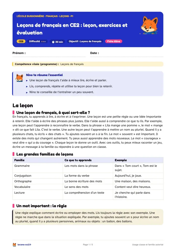 Aperçu de la fiche « Leçons de français en CE2 : leçon, exercices et évaluation » en PDF