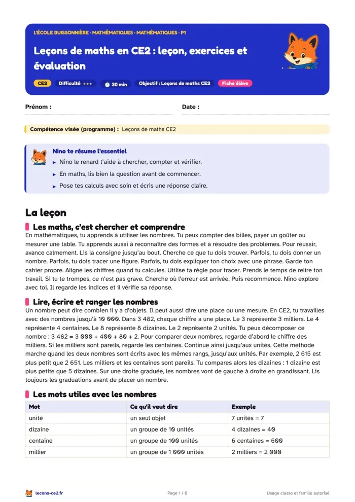 Aperçu de la fiche « Leçons de maths en CE2 : leçon, exercices et évaluation » en PDF
