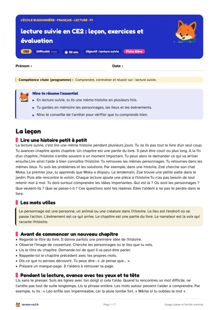 Aperçu de la fiche « Lecture suivie en CE2 : leçon, exercices et évaluation » en PDF