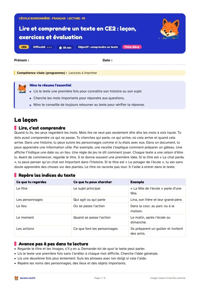Aperçu de la fiche « Lire et comprendre un texte en CE2 : leçon, exercices et évaluation » en PDF