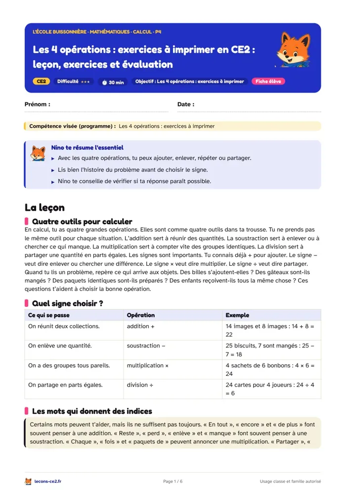 Aperçu de la fiche « Les 4 opérations en CE2 : leçon, exercices à imprimer et évaluation » en PDF