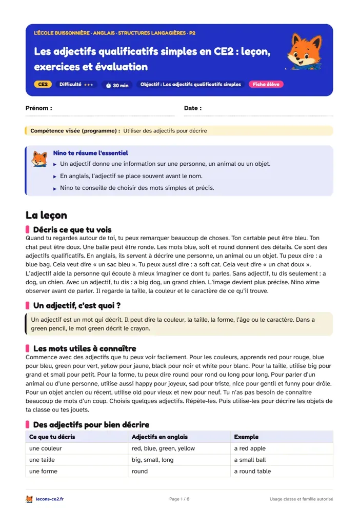 Aperçu de la fiche « Les adjectifs qualificatifs simples en CE2 : leçon, exercices et évaluation » en PDF