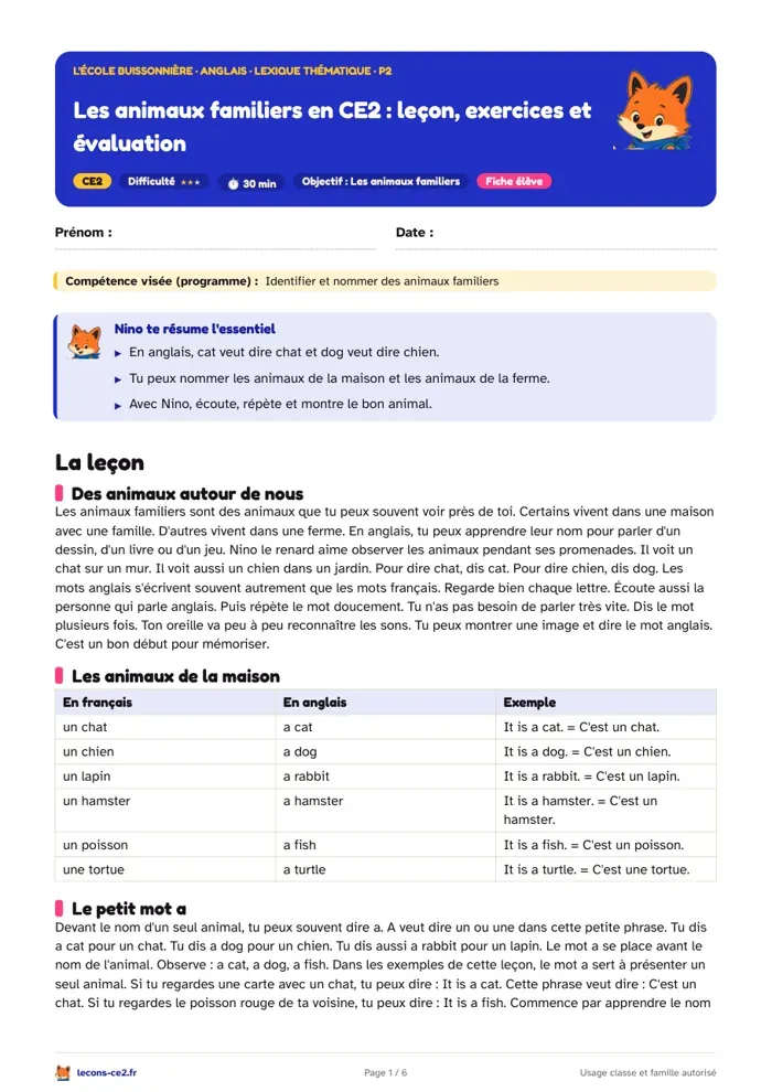 Aperçu de la fiche « Les animaux familiers en CE2 : leçon, exercices et évaluation » en PDF