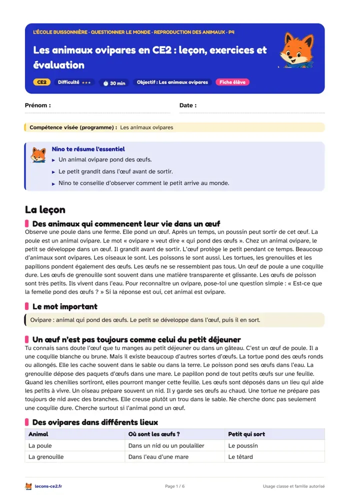 Aperçu de la fiche « Les animaux ovipares en CE2 : leçon, exercices et évaluation » en PDF