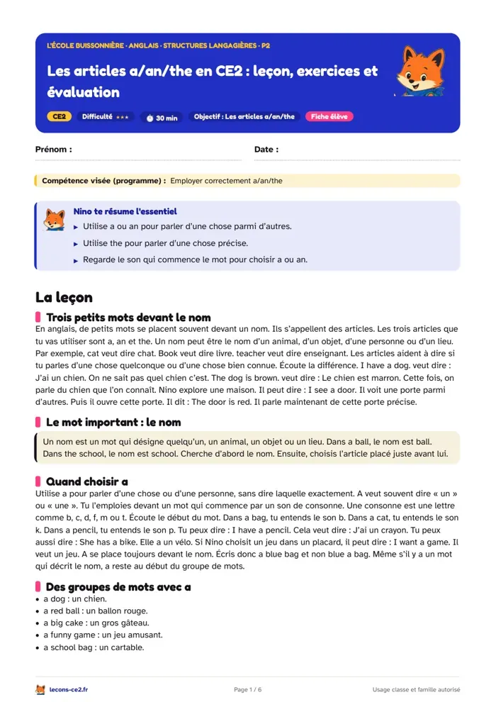 Aperçu de la fiche « Les articles a/an/the en CE2 : leçon, exercices et évaluation » en PDF
