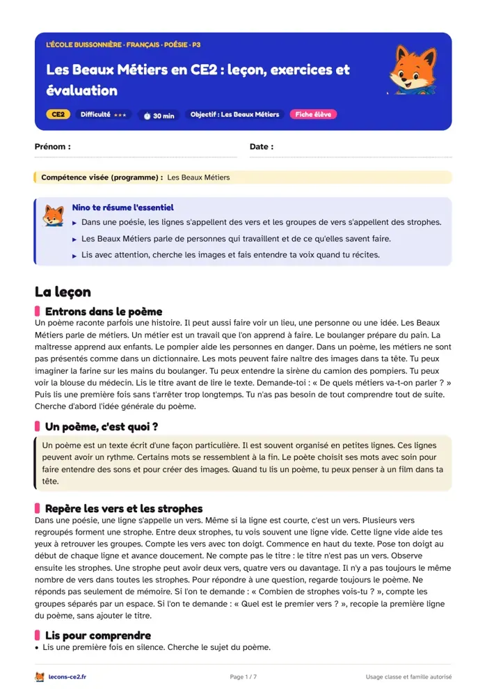 Aperçu de la fiche « Les Beaux Métiers en CE2 : leçon, exercices et évaluation » en PDF