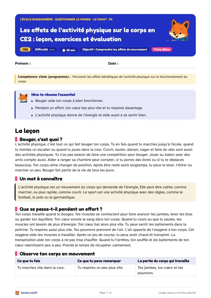 Aperçu de la fiche « Les effets de l’activité physique sur le corps en CE2 : leçon, exercices et évaluation » en PDF
