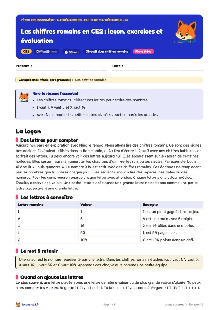 Aperçu de la fiche « En CE2, apprends à lire un nombre romain en ajoutant ou en enlevant une valeur » en PDF