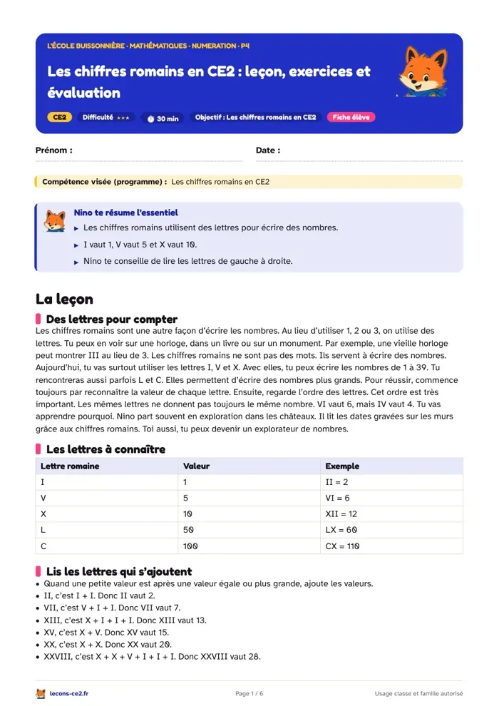Aperçu de la fiche « Retiens les chiffres romains en CE2 et retrouve-les autour de toi » en PDF