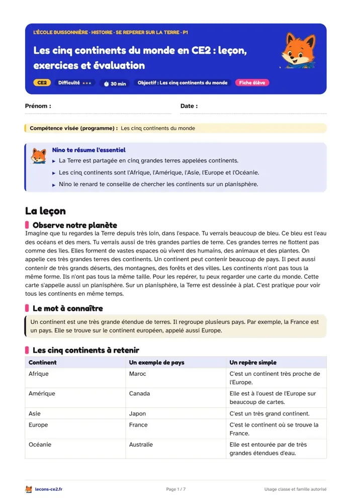 Aperçu de la fiche « Les continents sur la Terre en CE2 : leçon, exercices et évaluation » en PDF