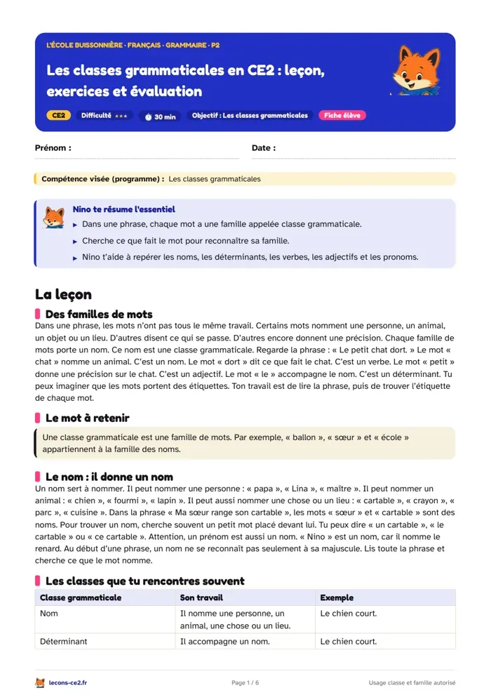 Aperçu de la fiche « Les classes grammaticales en CE2 : leçon, exercices et évaluation » en PDF
