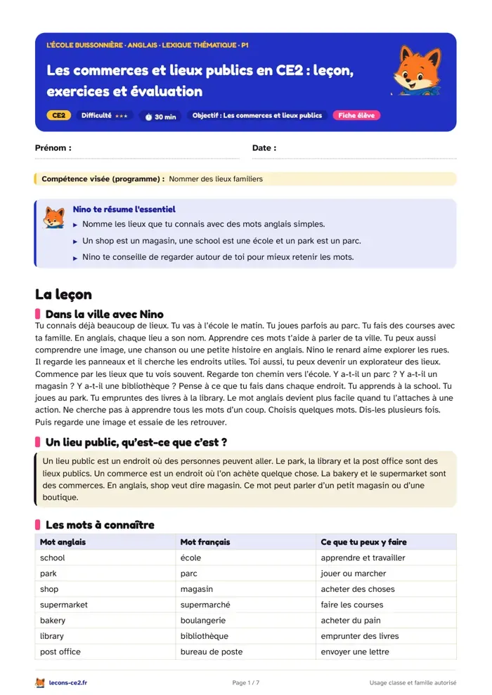 Aperçu de la fiche « Les commerces et lieux publics en CE2 : leçon, exercices et évaluation » en PDF
