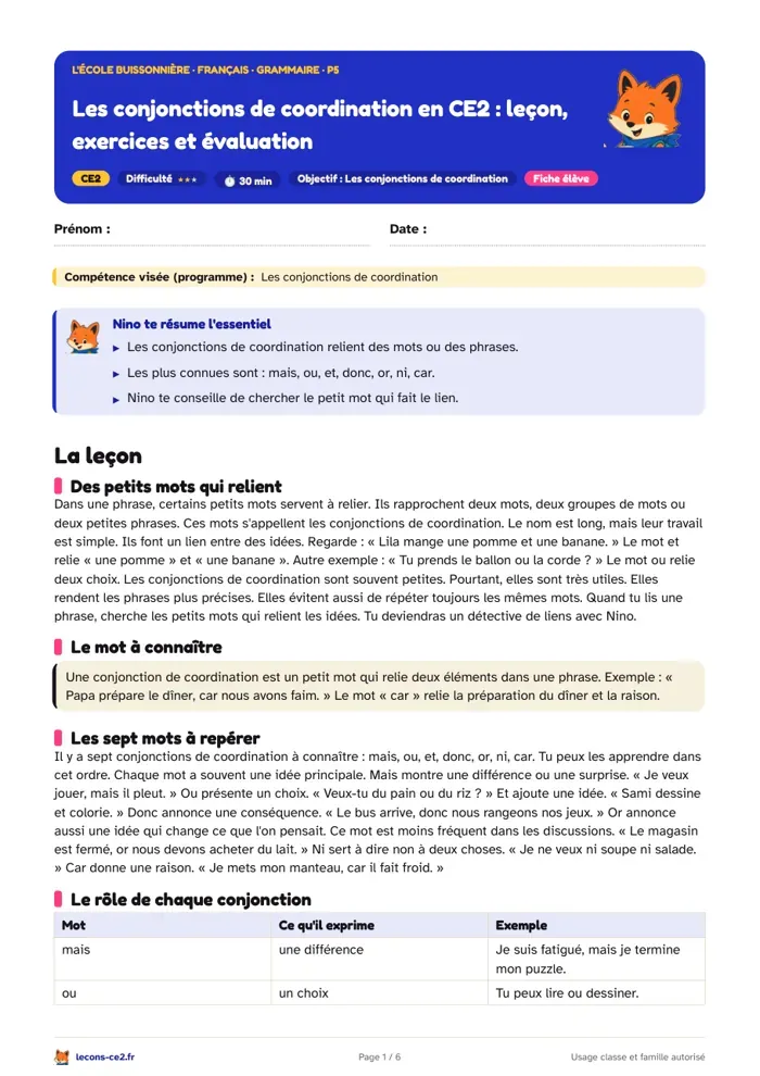 Aperçu de la fiche « Les conjonctions de coordination en CE2 : leçon, exercices et évaluation » en PDF