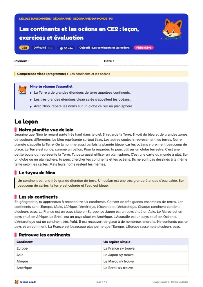 Aperçu de la fiche « Les continents et les océans en CE2 : leçon, exercices et évaluation » en PDF