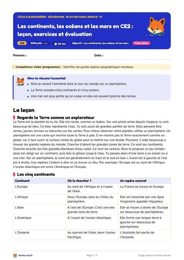 Aperçu de la fiche « Les continents, les océans et les mers en CE2 : leçon, exercices et évaluation » en PDF