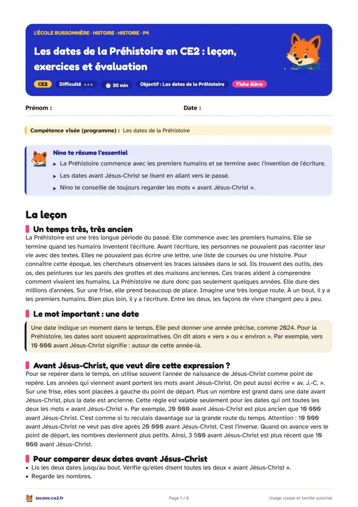 Aperçu de la fiche « Les dates de la Préhistoire en CE2 : leçon, exercices et évaluation » en PDF