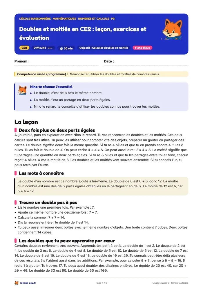Aperçu de la fiche « Doubles et moitiés en CE2 : leçon, exercices et évaluation » en PDF