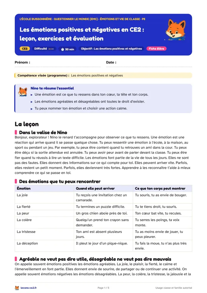 Aperçu de la fiche « Les émotions positives et négatives en CE2 : leçon, exercices et évaluation » en PDF