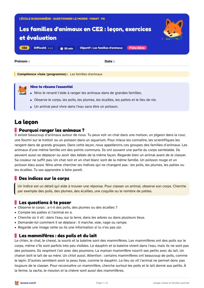 Aperçu de la fiche « Les familles d'animaux en CE2 : leçon, exercices et évaluation » en PDF
