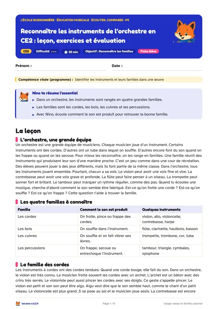 Aperçu de la fiche « Reconnaître les instruments de l’orchestre en CE2 : leçon, exercices et évaluation » en PDF