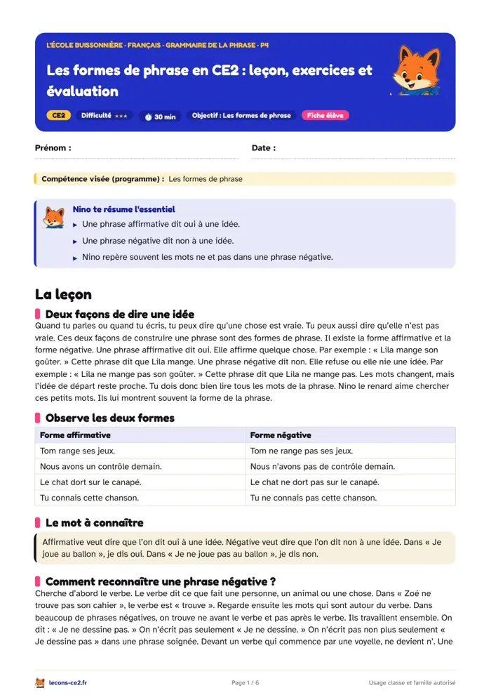 Aperçu de la fiche « Les formes de phrase en CE2 : leçon, exercices et évaluation » en PDF