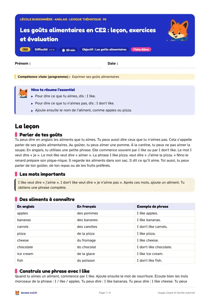 Aperçu de la fiche « Les goûts alimentaires en CE2 : leçon, exercices et évaluation » en PDF