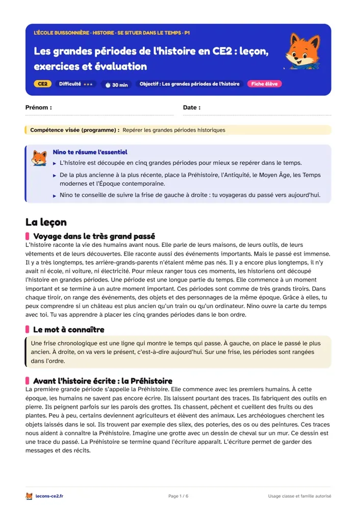 Aperçu de la fiche « Les grandes périodes de l'histoire en CE2 : leçon, exercices et évaluation » en PDF