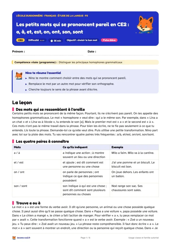 Aperçu de la fiche « Les petits mots qui se prononcent pareil en CE2 : a, à, et, est, on, ont, son, sont » en PDF