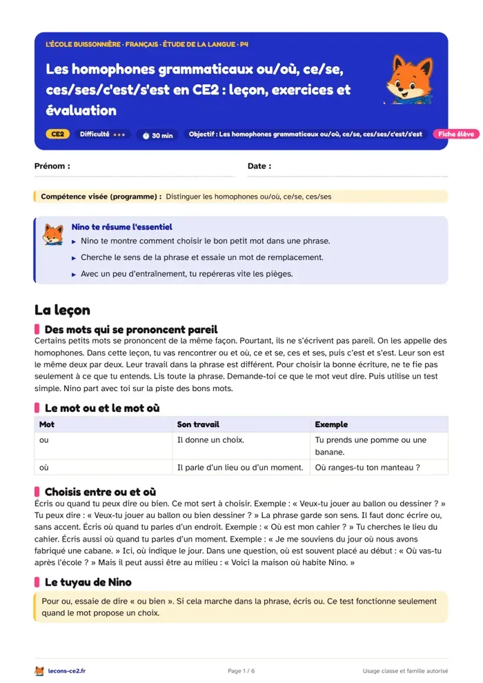 Aperçu de la fiche « Les homophones grammaticaux ou/où, ce/se, ces/ses/c'est/s'est en CE2 : leçon, exercices et évaluation » en PDF