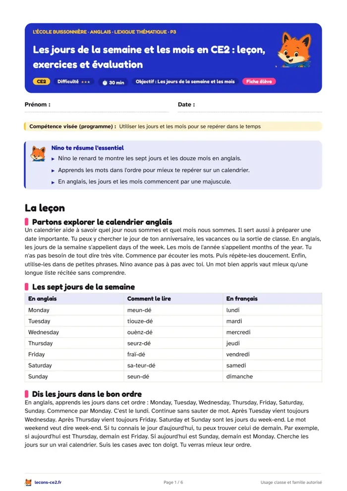 Aperçu de la fiche « Les jours de la semaine et les mois en CE2 : leçon, exercices et évaluation » en PDF