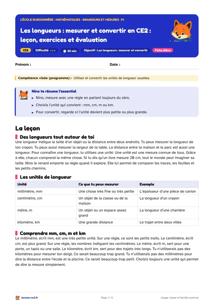 Aperçu de la fiche « Mesurer et convertir les longueurs en CE2 : leçon, exercices et évaluation » en PDF