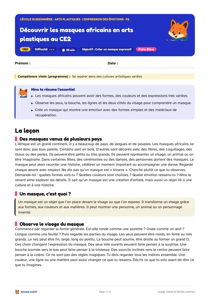Aperçu de la fiche « Découvrir les masques africains en arts plastiques au CE2 » en PDF