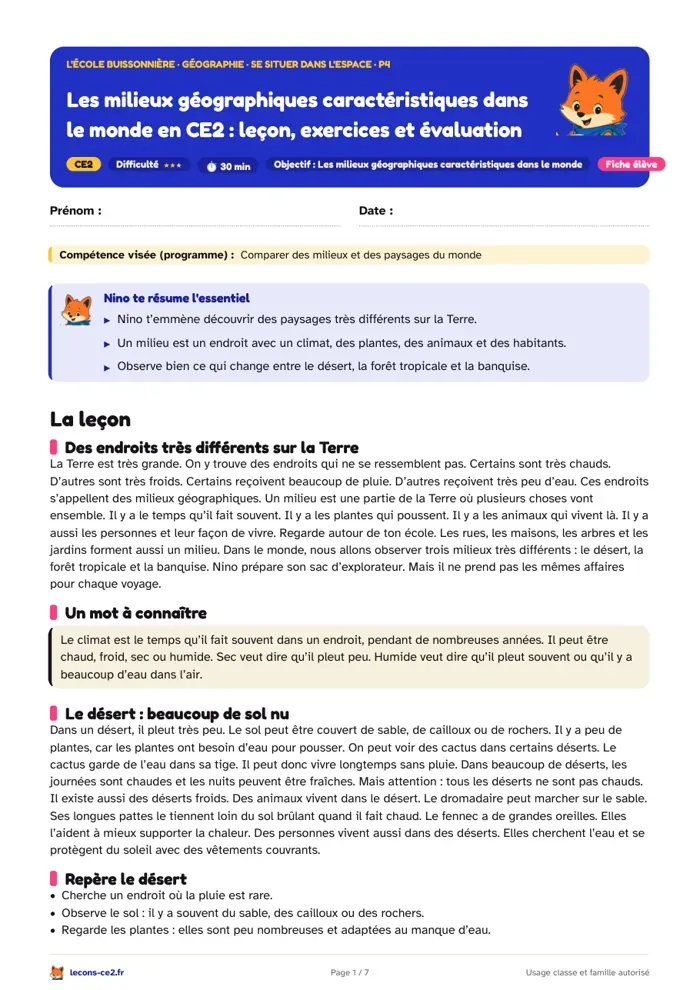 Aperçu de la fiche « Les milieux géographiques caractéristiques dans le monde en CE2 : leçon, exercices et évaluation » en PDF